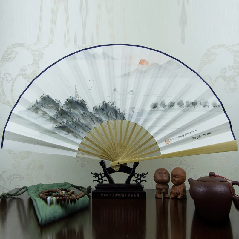 

Chinese Hand-Painted Folding Fan for Men Jade Bone Xuan Paper Fan Portable Antique Gift Collection Fan Home Ornaments 9 Inch