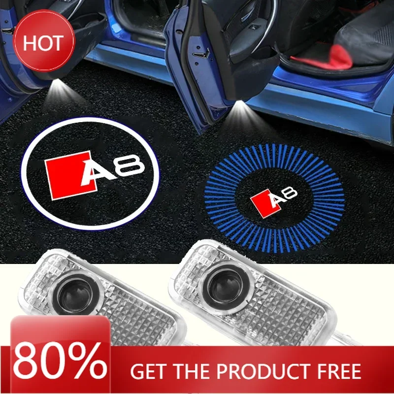 

2025 2 шт. светодиодные лампы для дверей автомобиля с логотипом, Стайлинг для Audi A8 2011-2023, лампы для проектора с эмблемой и узором, лазерные лампы