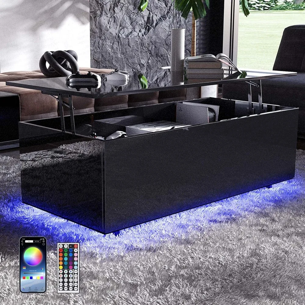 High Gloss Lifting Tabletop Table with LED Lights, LED Coffee Table with Storage Rack and Hidden Compartments