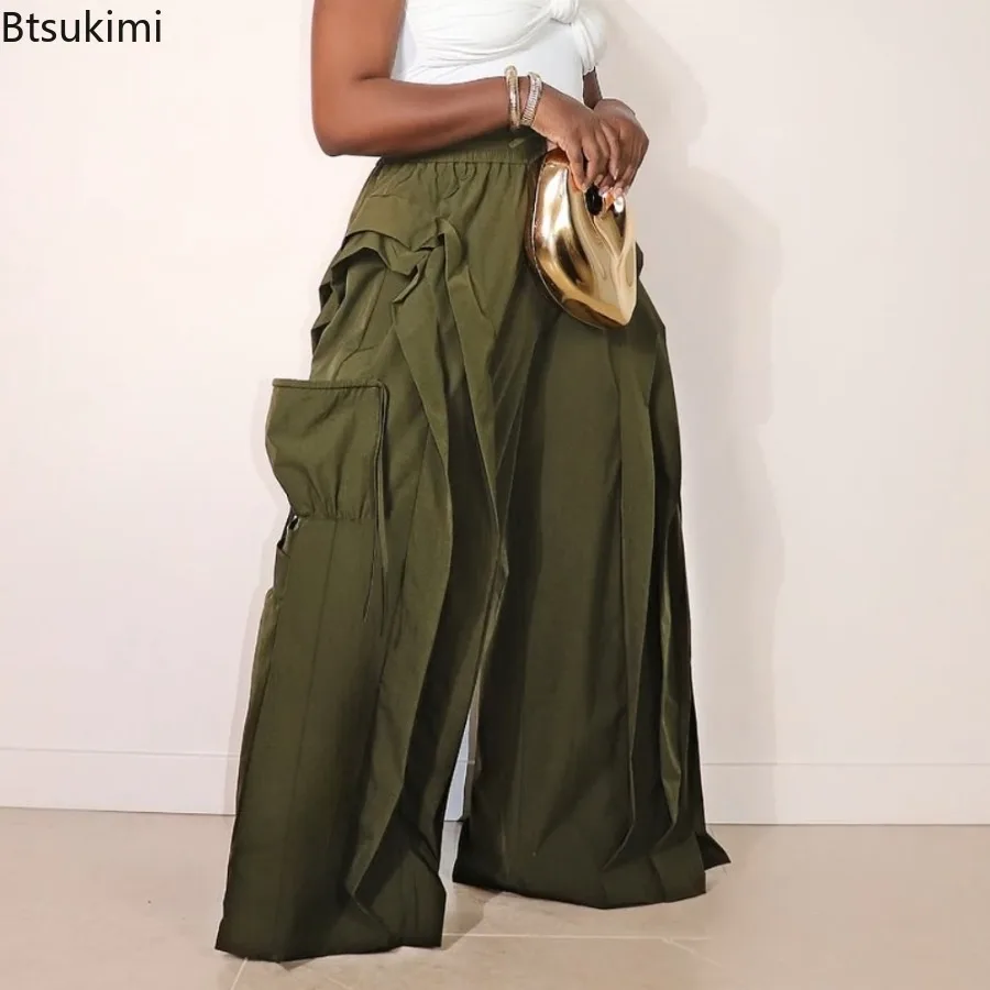 Women Women Drawstring Waist Wide Leg Trousers Side Pockets Ruffle Trim Loose Pants Casual Streetwear Fashion Urban Daily Summer Wear - Aliexpress Deal