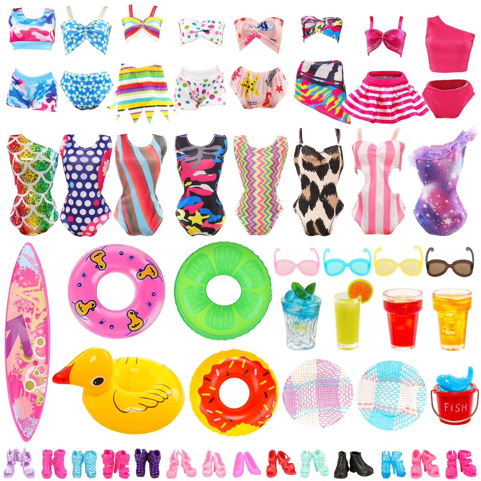 

Barwa Random Style 31 PCS Doll Clothes=10 Swimsuits+1 Skateboard +4 Glasses+1 Drink+2 Swimming Rings+2 Hats+1 Bucket+10 Shoes