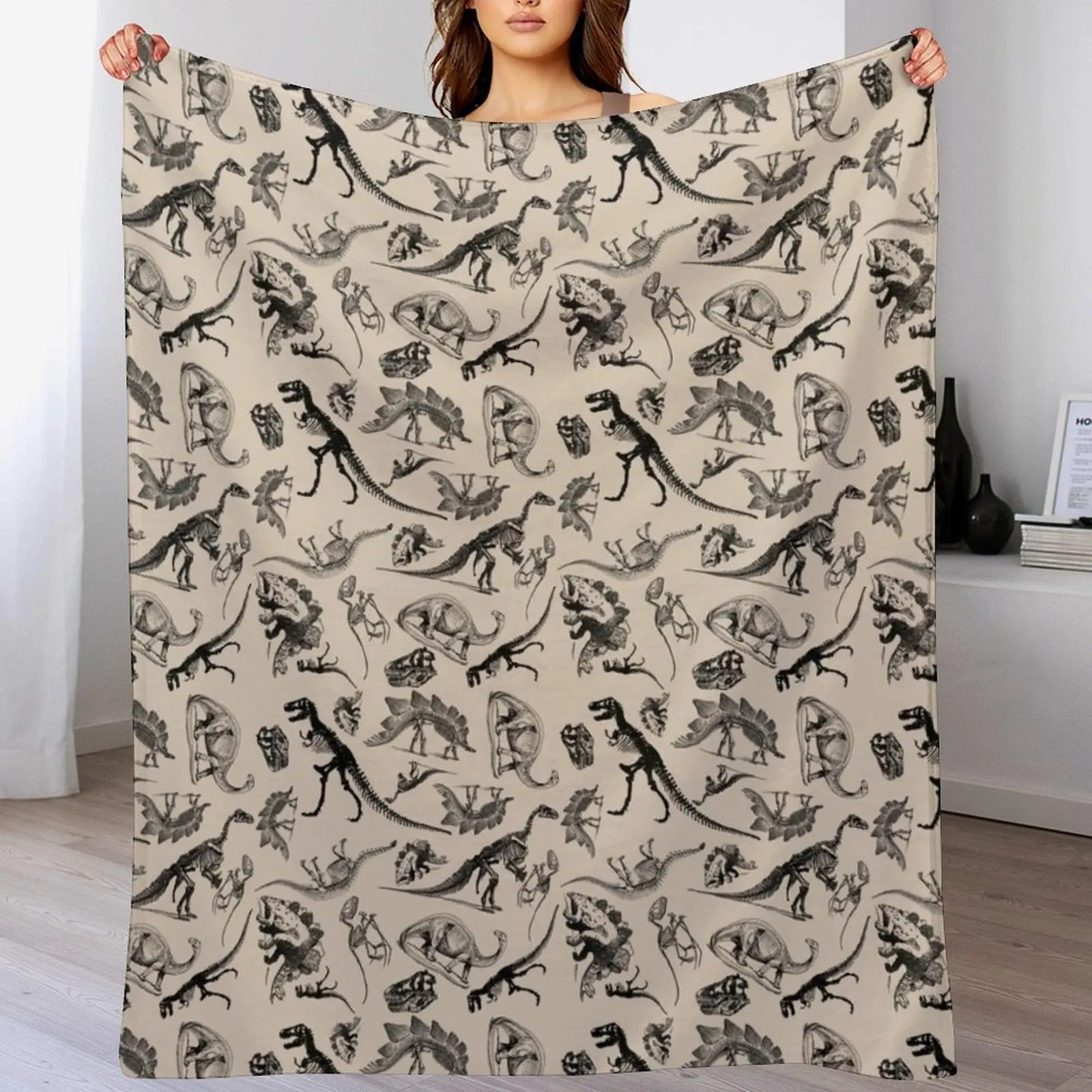 Vintage Museum Dinosaurs and Skeletons Black and Cream Throw Blanket Picnic Shaggy Custom Nap Blankets