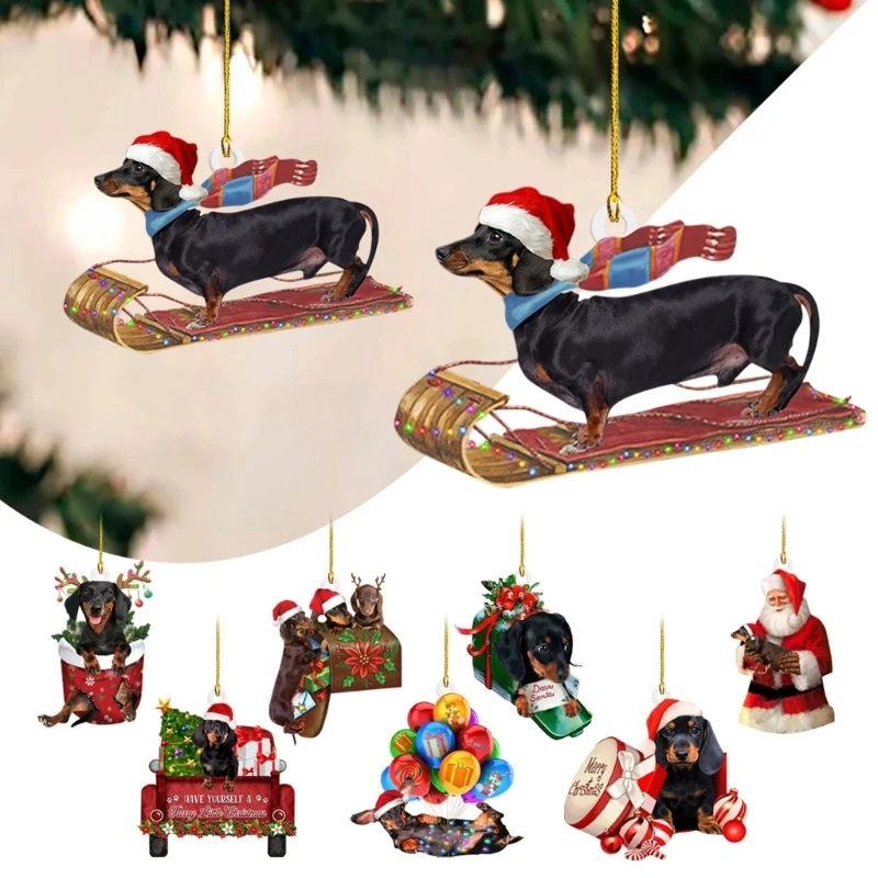 Colgante perro salchicha con temática navideña, colgante para espejo coche, decoración colgante para árbol Navidad,