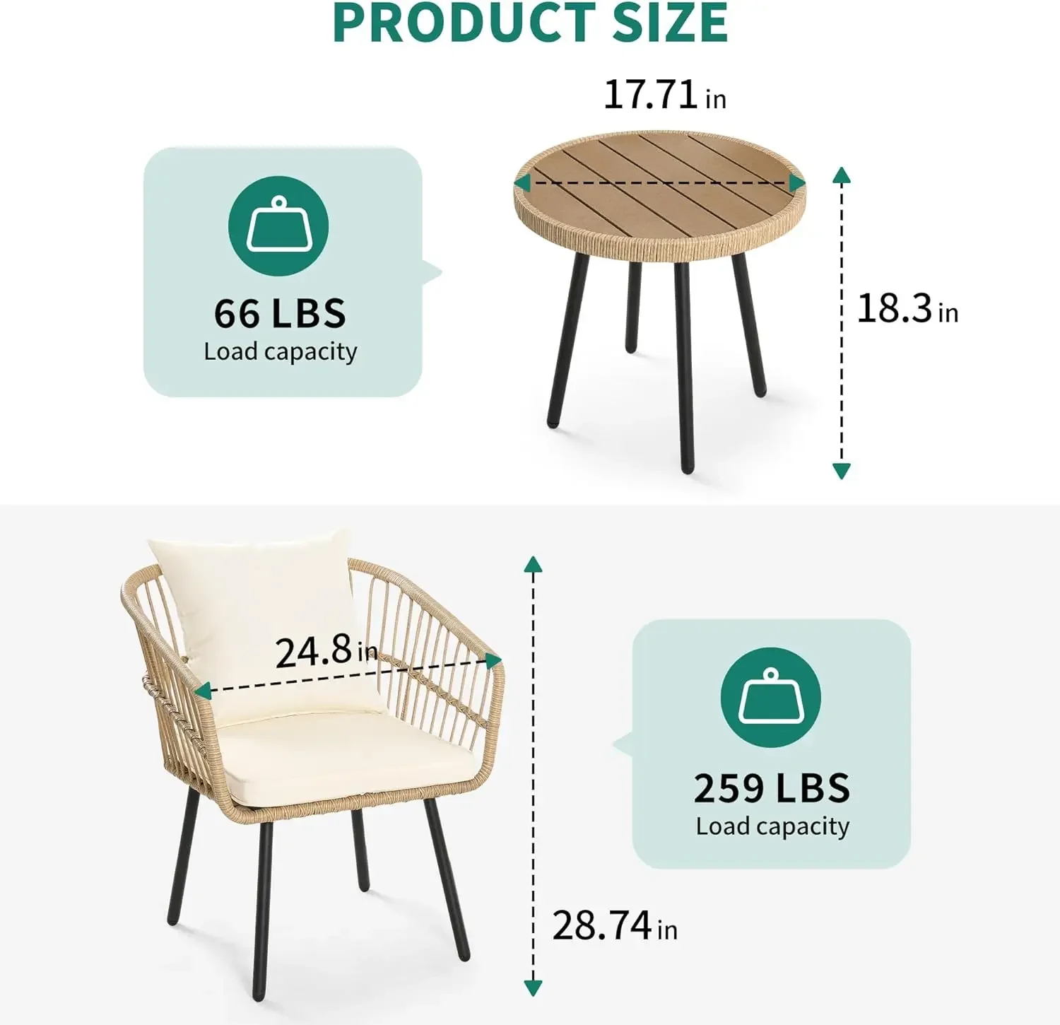 Set da bistrot per conversazione da patio in vimini da 3 pezzi, set di mobili da giardino in rattan per tutte le stagioni con tavolo e cuscini