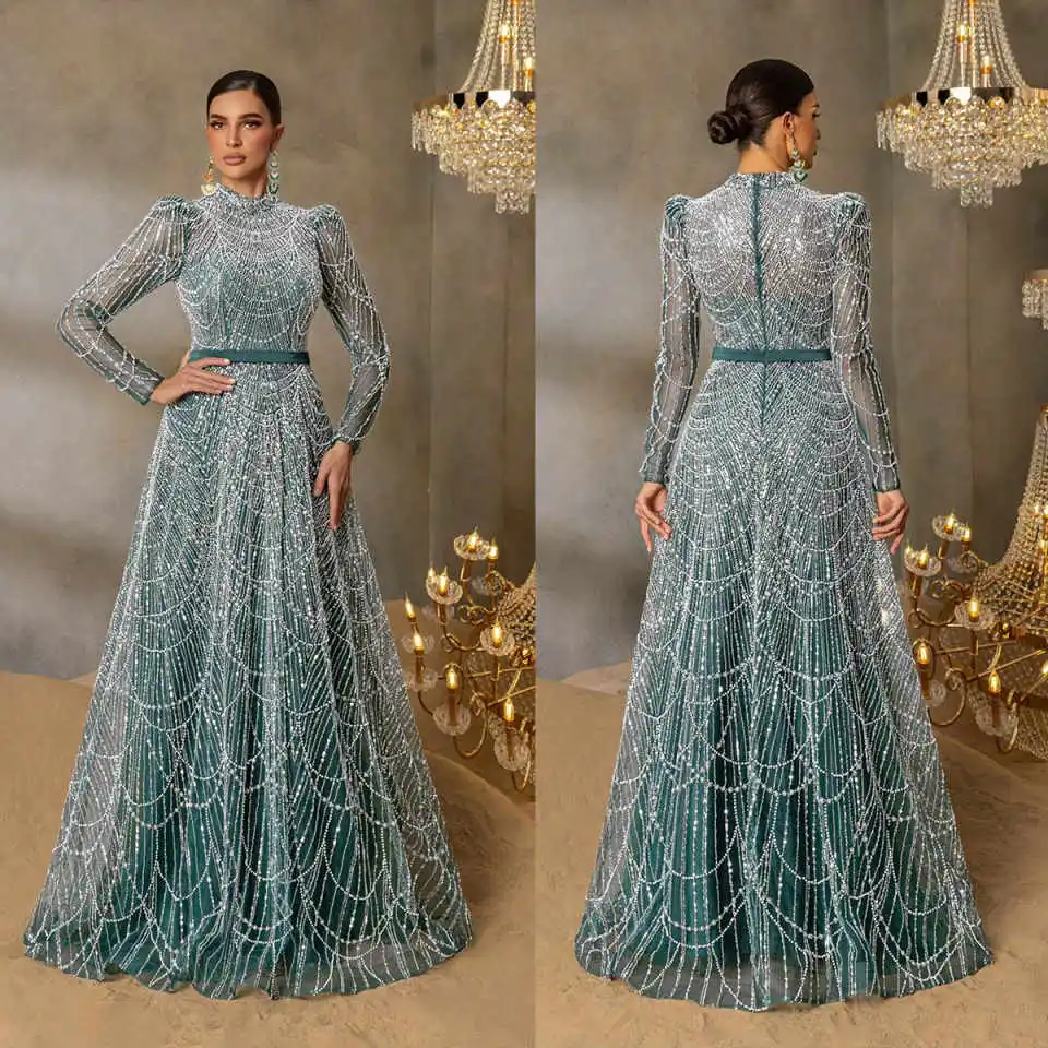 فستان سهرة أنيق بأكمام طويلة ورقبة عالية وخرز لؤلؤي شرابة على شكل حرف a فساتين رسمية لحفلات الزفاف حسب الطلب