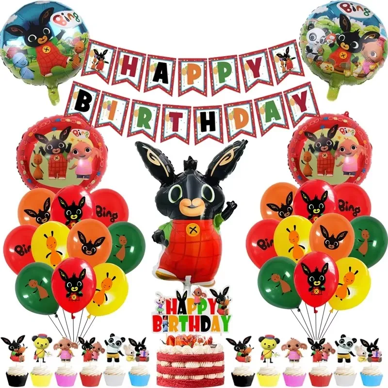 Rabbit Balloons Happy Birthday Banner Party Decorations Cartoon Red Ballons Cute Animal Jungle Pet Kids Cupcake Topper Toy Gifts