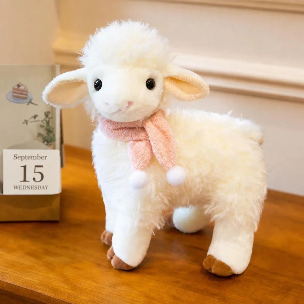 26cm 31cm Standing Sheep Pink Scarf Soft Curly Fur White Lamb Animal Standing Design Soft Curly Fur Animal Collection Hobby