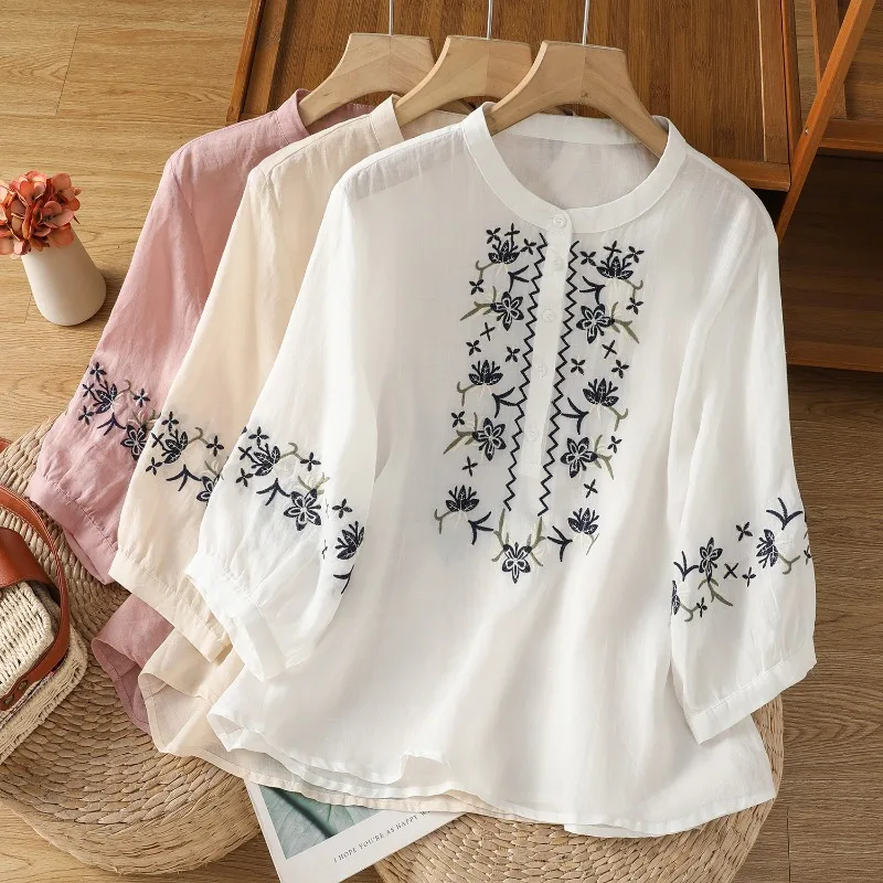 

Chinese Style Women's Blouse Embroidery Vintage Shirts Fashion Loose Summer Clothing Short Sleeve Cotton Linen Women Tops