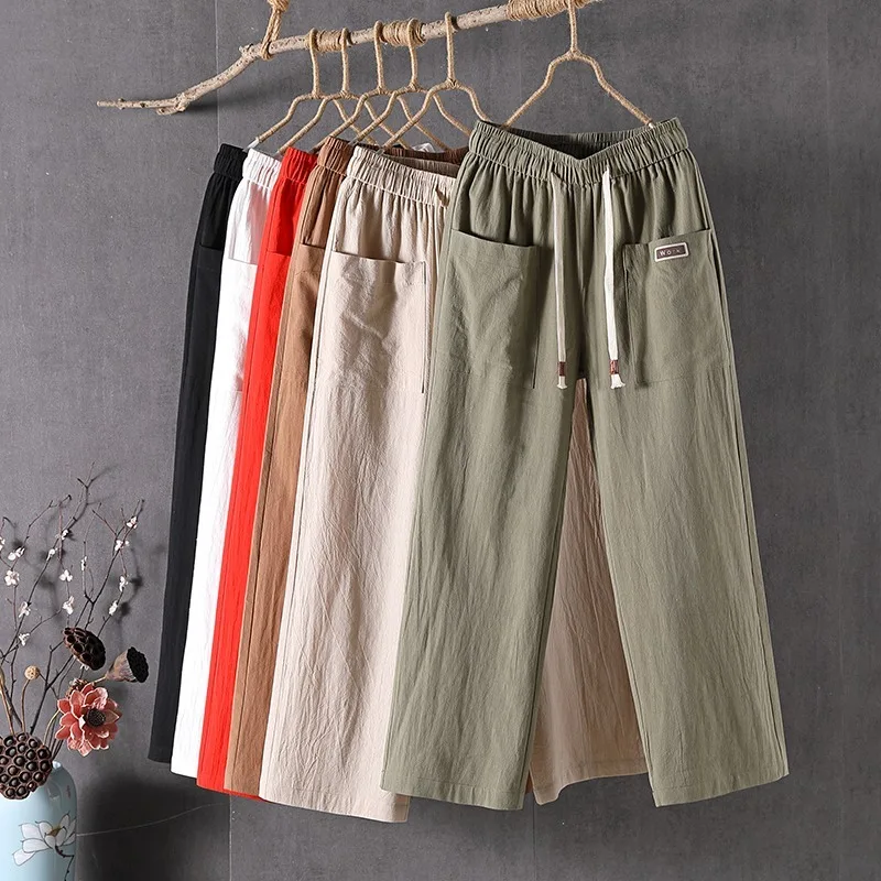 

2025 Women's Cotton Linen Wide Leg Pants Casual Loose Fit Slimming Straight-Leg Trousers Lightweight & Comfortable Long Pants