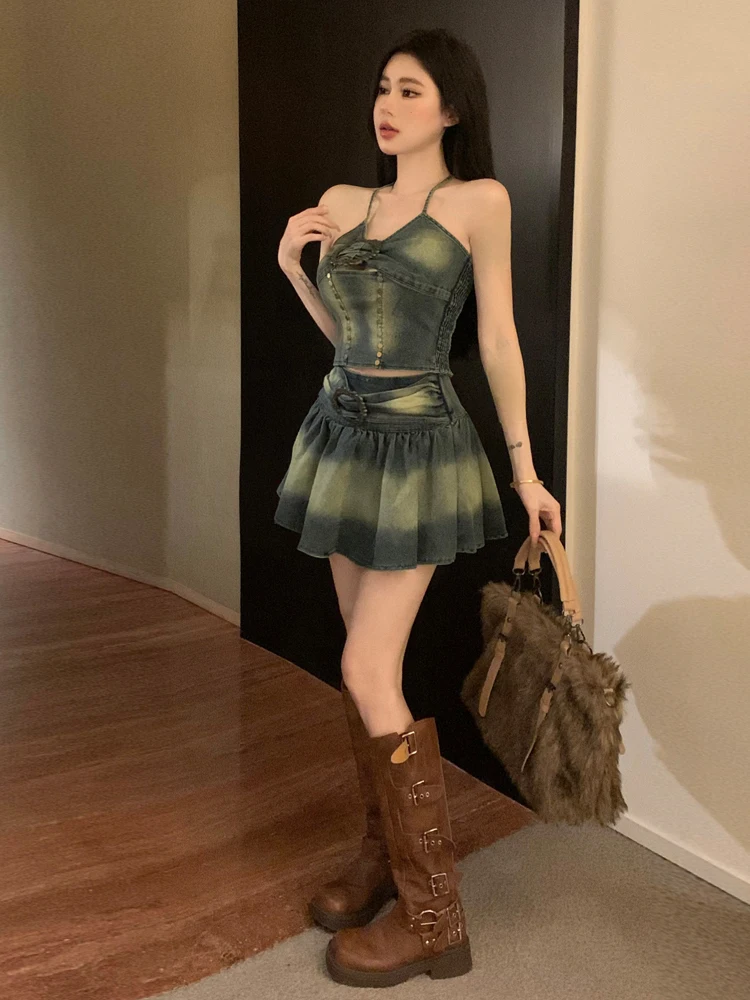 아메리칸 슬레 스파이시 걸 아디언트 컬러 네일레스 빈티지 데님 오트 베스트 하이웨이스트 슬림 A라인 스커트 투피스 세트