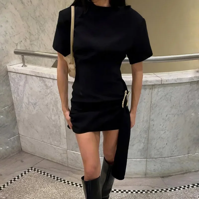 

Metal Short Dress For Women Bandage Splice Round Neck Short-sleeved 2025 Spring Fashion Black Casual Dress Female