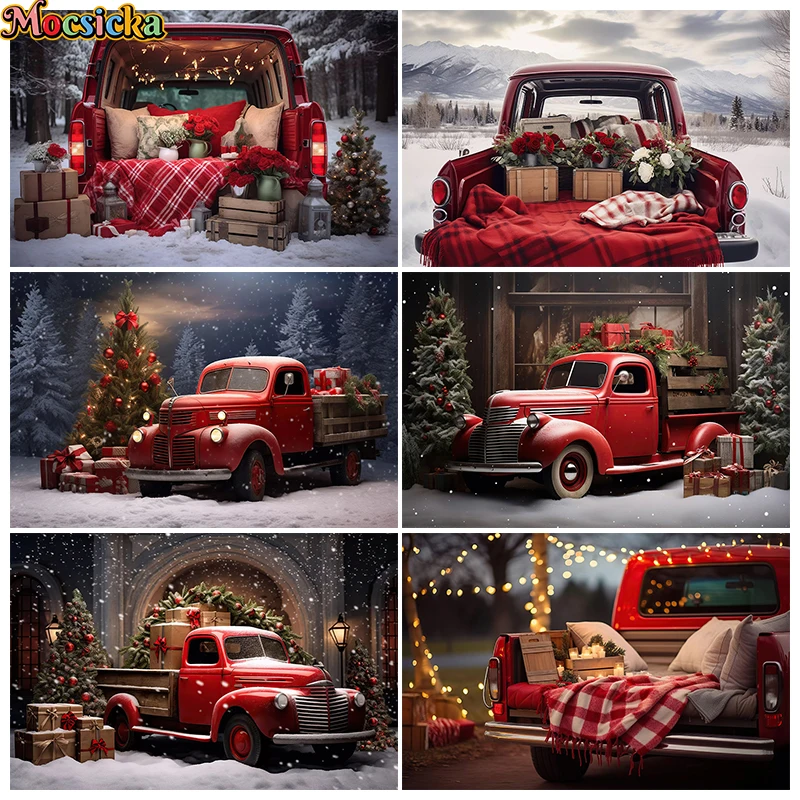 

Mocsicka Winter Christmas Red Car Photography Background Gift Xmas Trees Family Kids Portrait Decor Backdrop Photo Studio Props