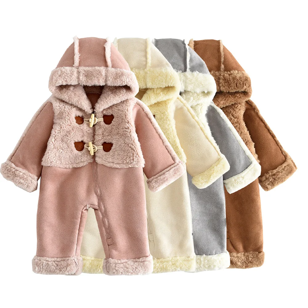 Bellbell Autumn Winter Newborn Girls Romper Bear Button Infant Baby Girls Thicken Warm Hooded Bodysuit 6-24M Kids Girls Jumpsuit