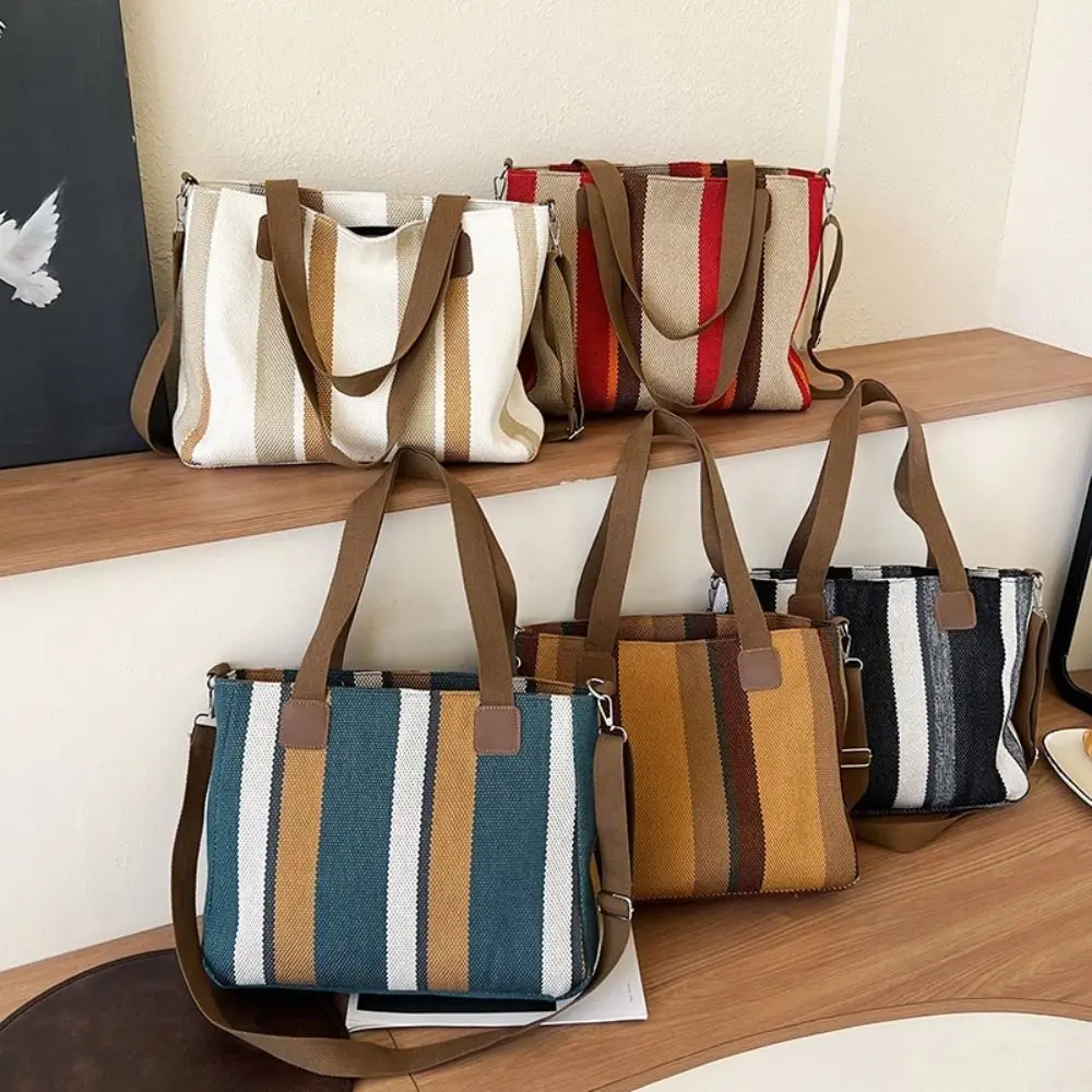 

New Cloth Striped Tote Bag Detachable Strap Large Capacity Shoulder Bag Adjustable with Rabbit Pendant Shopper Bag Travel