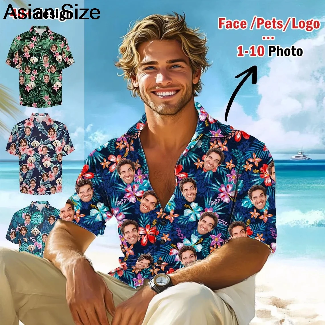 Custome Face Leaves Hawaiian Shirt, Personalized Tropical Beach Shirt, Vacation Island Style Shirt, Custom Face Hawaiian Shirt