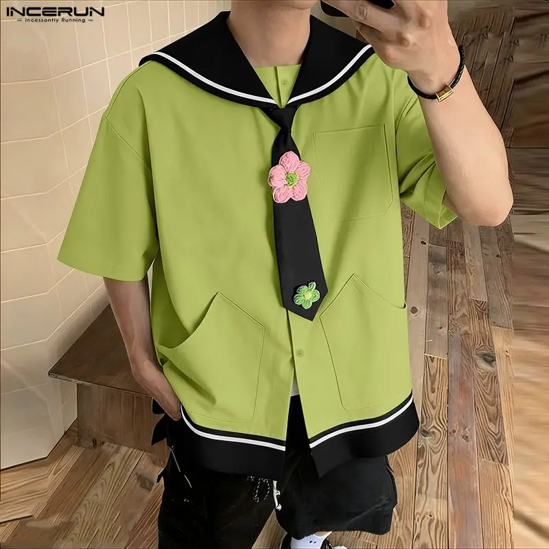 

INCERUN Мужская рубашка в стиле пэчворк, темно-синий воротник, короткие рукава, карманы, мужская одежда с галстуком, уличная одежда, модные повседневные топы, мужские рубашки