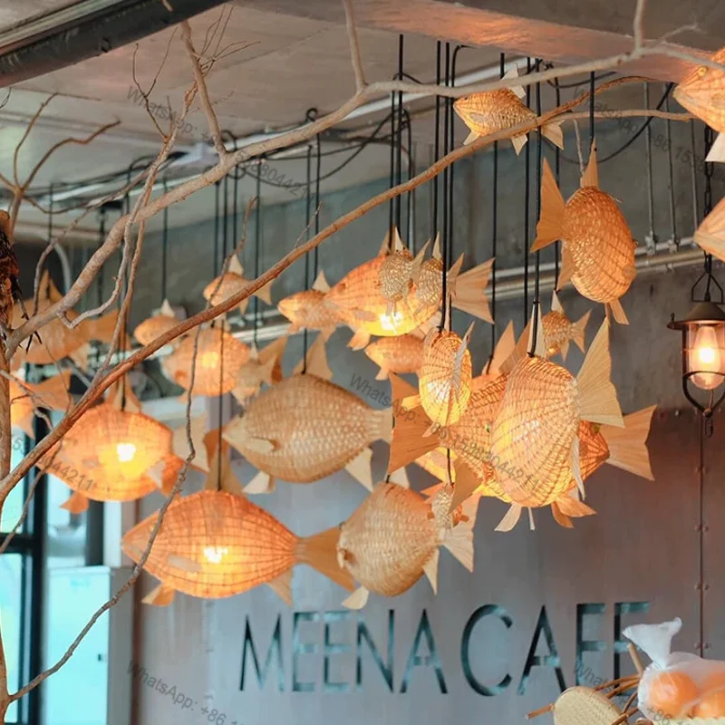 2026 Hot Indoor Ocean-Themed Bamboo Flying Fish Pendant Light with ABS and Metal Base and Handcrafted Weaving Technique