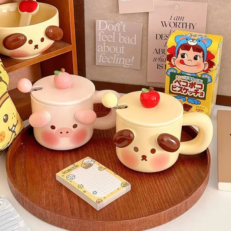

Ceramic Mugs Cartoon Puppy Three-dimensional Animals Pink Pig Cute Coffee Mug with Lid Children's Breakfast Milk Cups