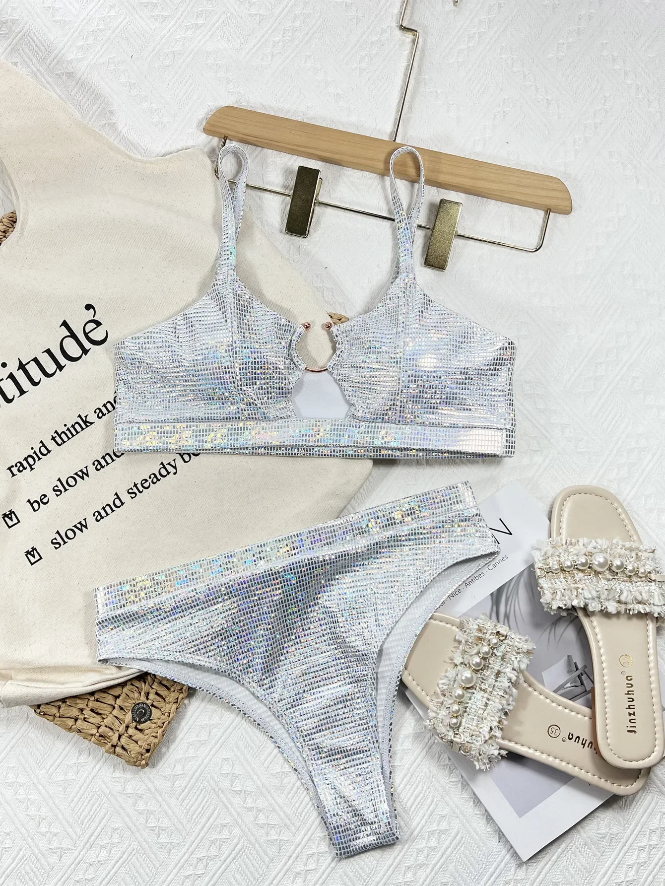 2026 Sexy Bikini Sliver Sequins High Waist Swimwear Swimsuit Women Bikinis Set Bathing Suit New Bikini Female Push Up Metal Hoop