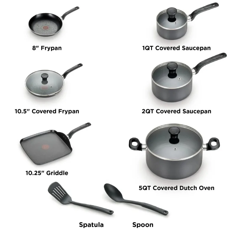 T-fal Easy Care 12-Piece Non-Stick Cookware Set, Pots and Pans, Grey