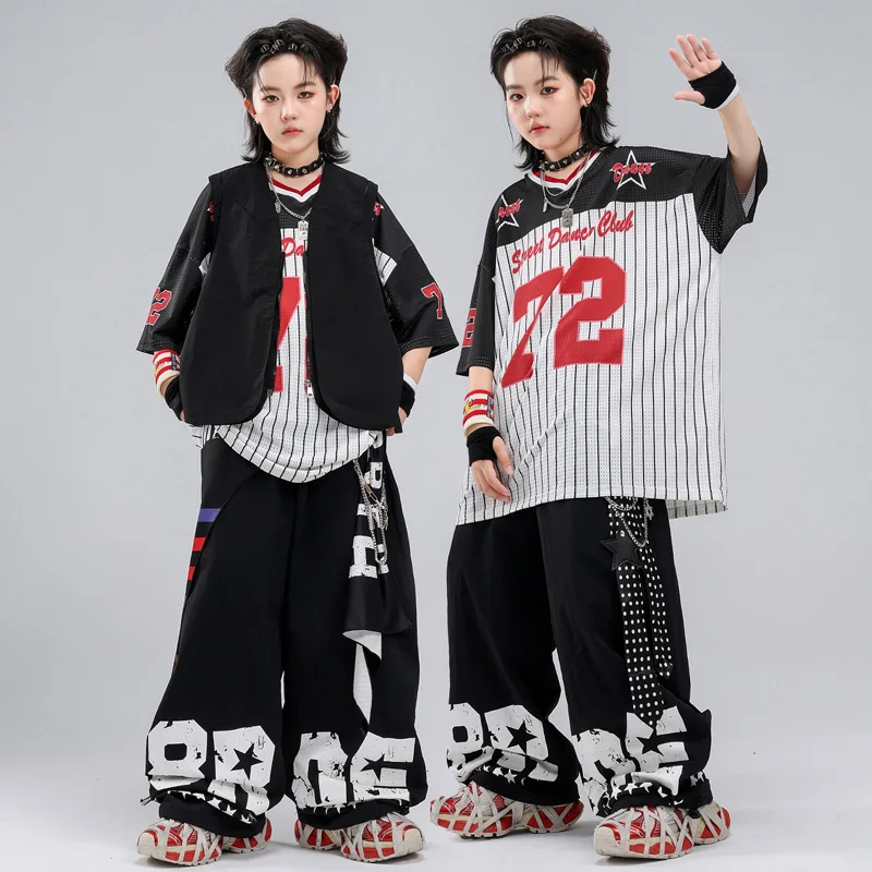 Hip Hop Dance Costume For Group Jazz Dance Performance  Streetwear Suit Loose Shirts Black Vest Cargo Pants