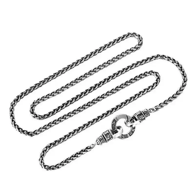 925 Sterling Silver Link Chain Necklaces For Men Universal Buckle Six Character Mantra Lucky Necklace With Grass Pattern Gift