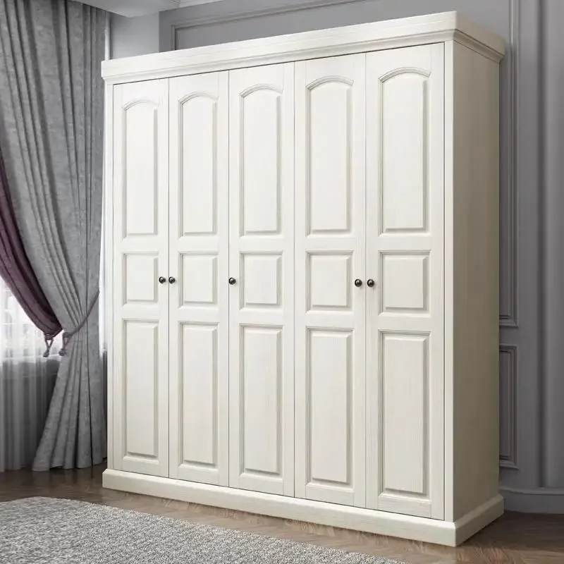 All solid wood wardrobe light luxury bedroom door four door wardrobe simple white with drawers