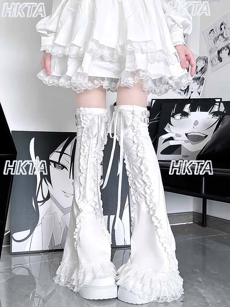 Sottocultura giapponese Calzini alti al ginocchio dolci Scaldamuscoli Lolita Pizzo Versatile Nero Bianco Copri gamba lunga Accessori di abbigliamento Donna