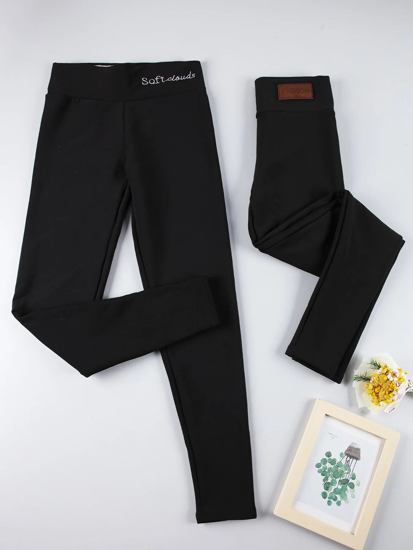 2PCS Women Warm Leggings Velvet Winter Prevent Cold Pants Elastic Slim Solid Color High Waist Butt Lifting Tights Casual Wear