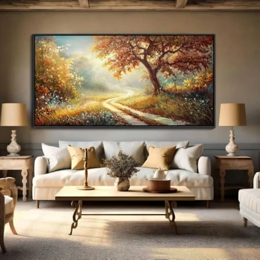 

Large forest canvas wall art for living room and office, wood-framed farmhouse landscape mural in natural tones, 20x40 inches,