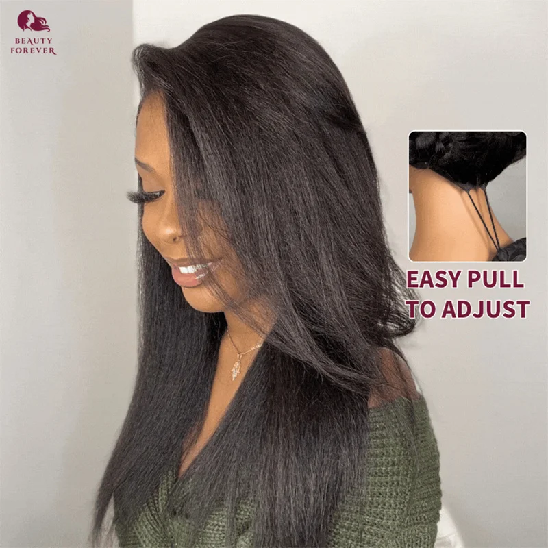 

BEAUTYFOREVER Bye Bye Knots 3.0 Yaki Straight Glueless Wig Human Hair Pre Cut Transparent Lace Wig Drawstring for All Head Size