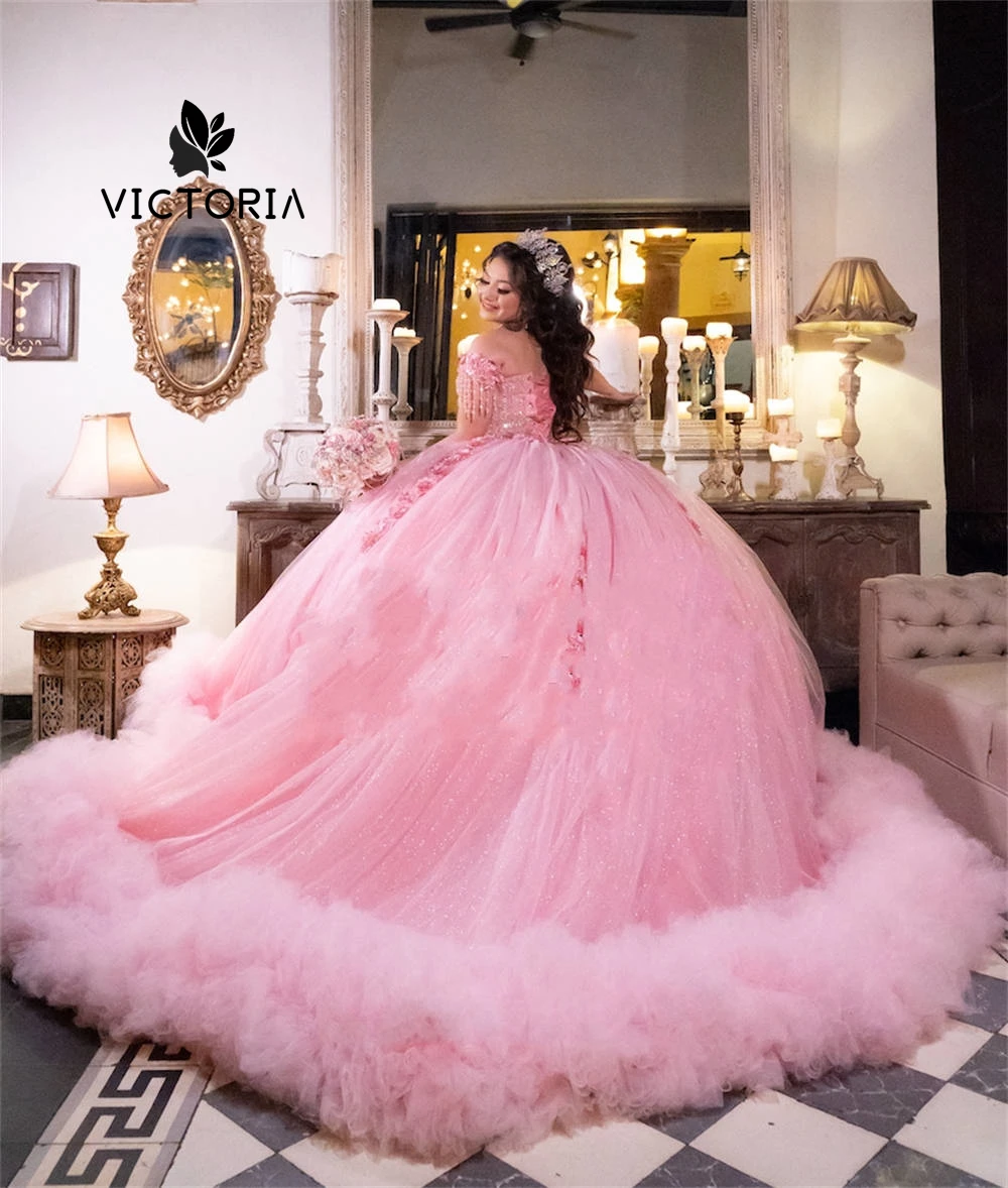 Vestido de baile de quinceañera, traje Rosa fruncido con cuentas y borlas, con hombros descubiertos, para ocasiones formales, dulce 16, 2024