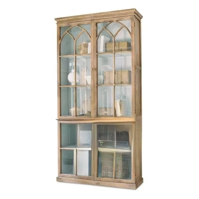 

French Solid Wood Glass Door Bookcase Bookcase American Country Oak Wine Cabinet Dining Side Cabinet Living Room Display Cabinet