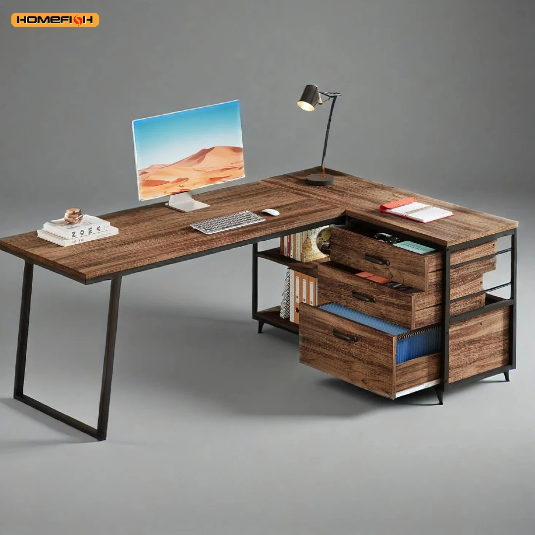 مكتب مكتب على شكل حرف L، مكتب كمبيوتر زاوية قابلة للعكس مع 3 أدراج ملفات ورفين تخزين للمكتب المنزلي والدراسة #2
