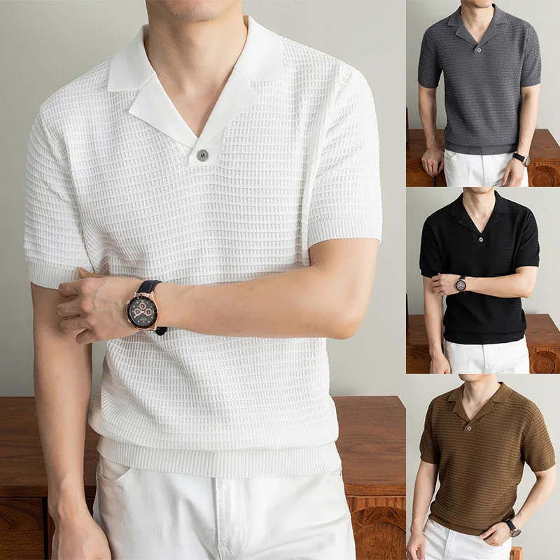 Summer Waffle Cuban Lapel Ice Silk Short Sleeve Knit Polo Shirt Men's Premium Business Casual Top