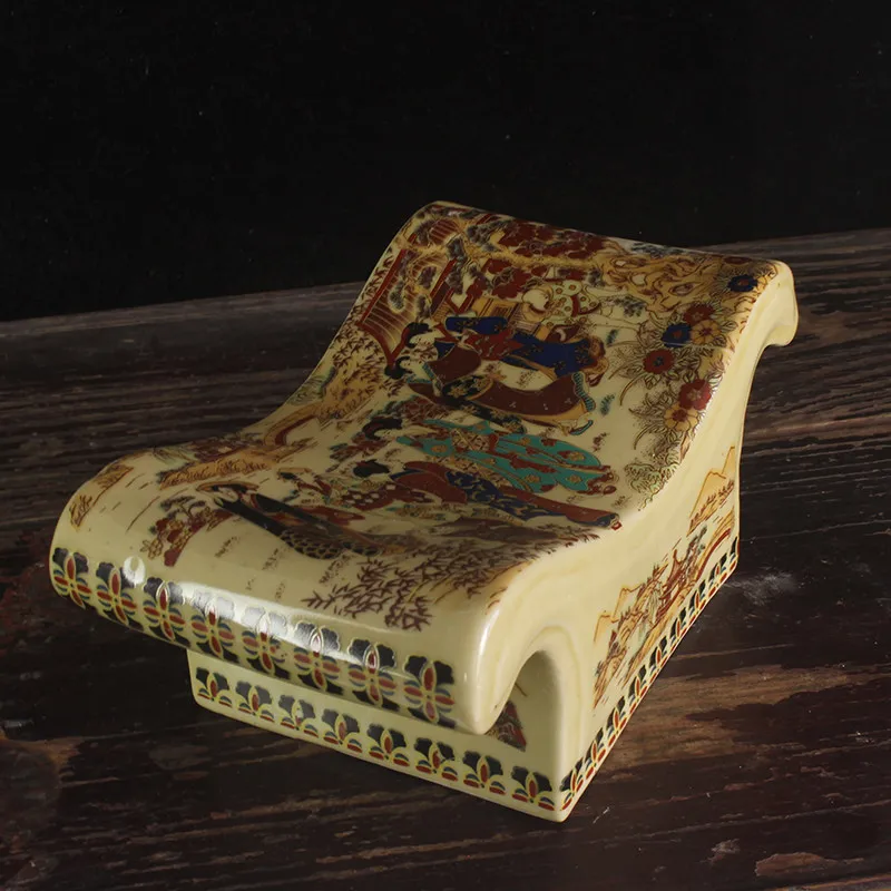 Jingdezhen Antique Porcelain Ingot Pillow - Maid Figure Pattern Ceramic Ornament, Chinese Style Home Decor Display