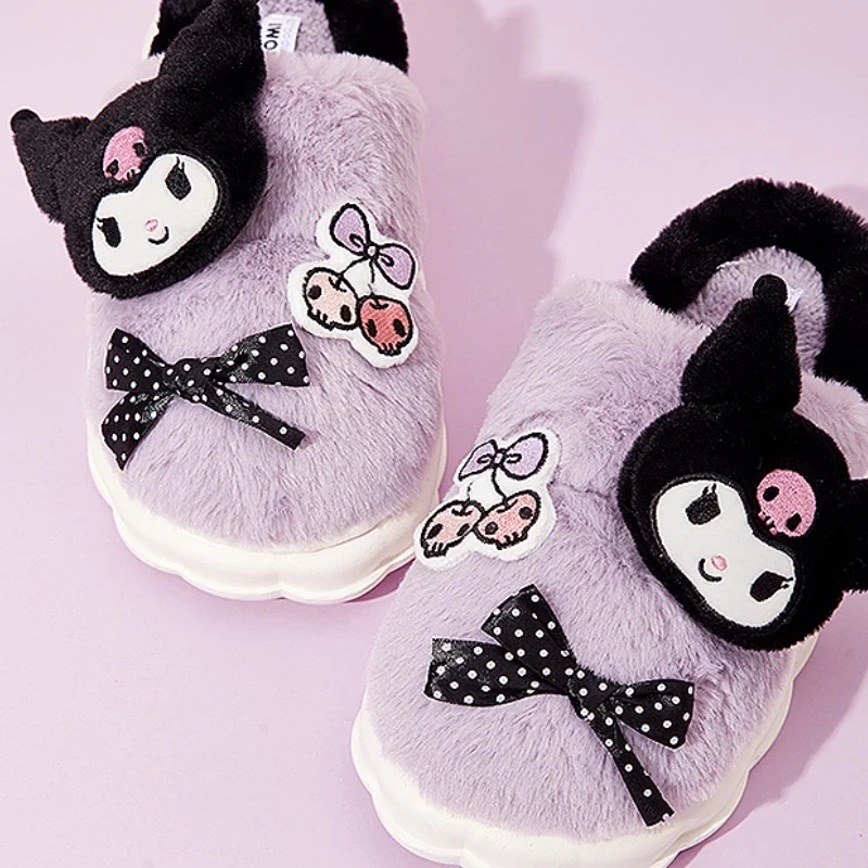 MINISO cotton slippers Sanliou cute Kuromi Hello Kitty Cinnamoroll plush home kitty half pack slippers female winter Christmas