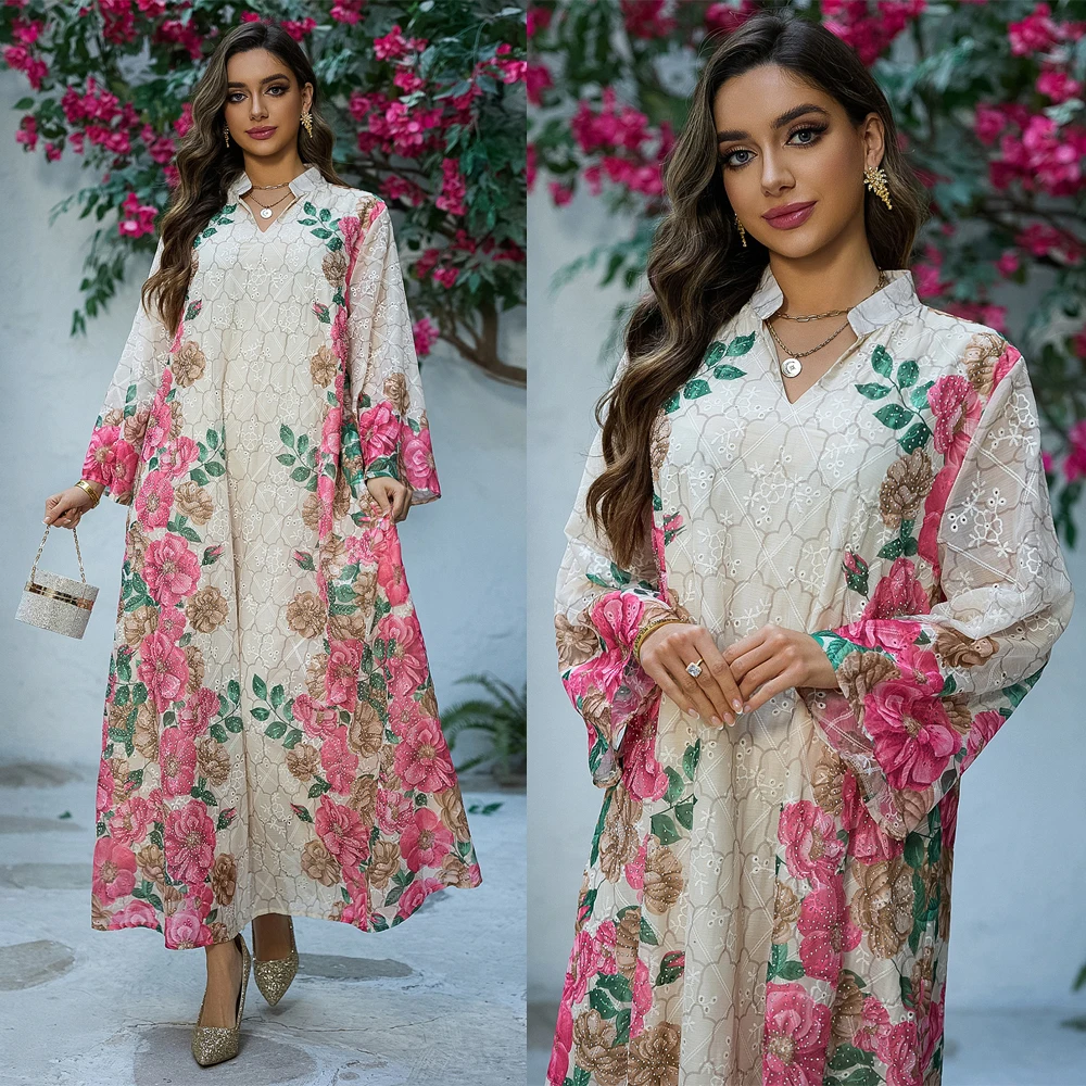 

Muslim Colorful Flowers Printed Abaya Women Diamonds Embroidery Dress Long Djellaba Vintage V-neck Robe Loose Kaftan Gown Eid