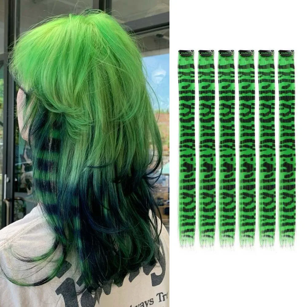 

6pcs/set Stripe Printed Hair Colorful Long Straight Hair Pieces Synthetic Clip-in Hair Extensions for Daily Use Party Christmas