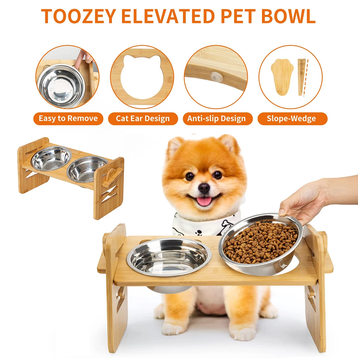 

Bamboo Pet Dog Food Double Bowl Stand Feeding Rack Cat Bowl Rack Feeder Pet Bowl Stainless Steel Meal Rack