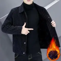 Men Jacket Winter Autumn Striped Single-breasted Short Tweed Jacket Thick Warm Cardigan Plus Size Mid Length Velvet Male Coat