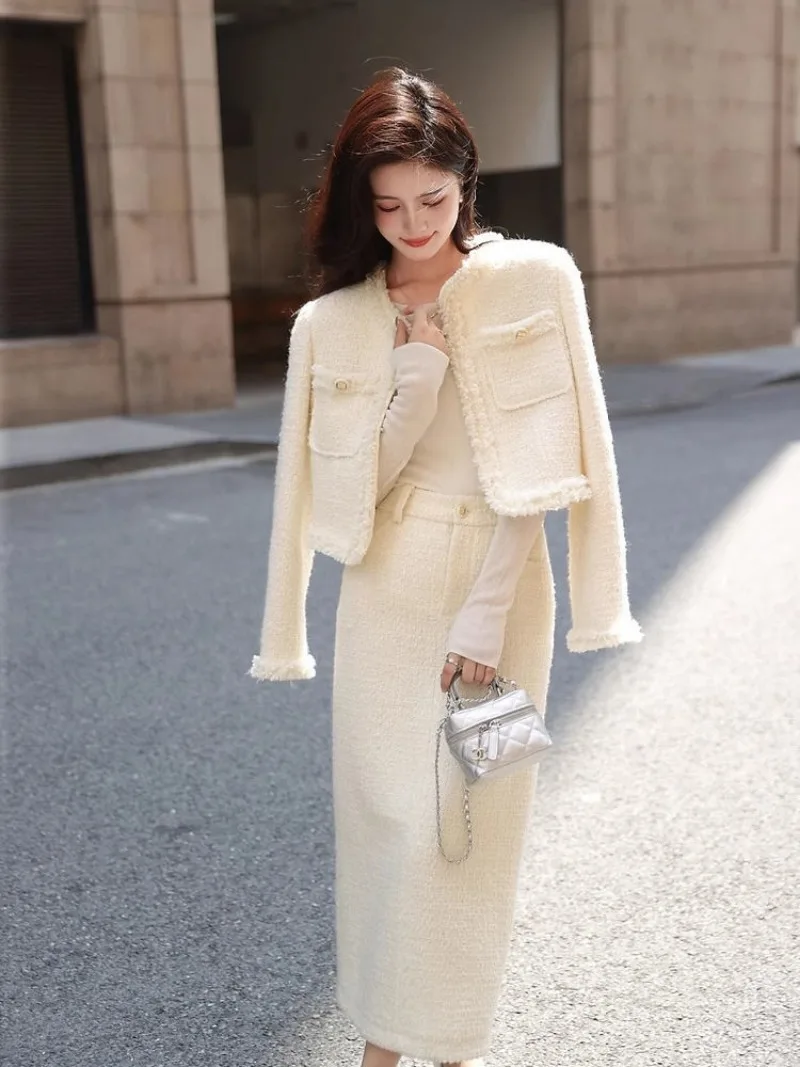 

New Autumn Celebrity Tweed Women's Two Piece Set High End Fashion Elegant Long Sleeve Jacket + Slim Skirt Small Fragrant Suit