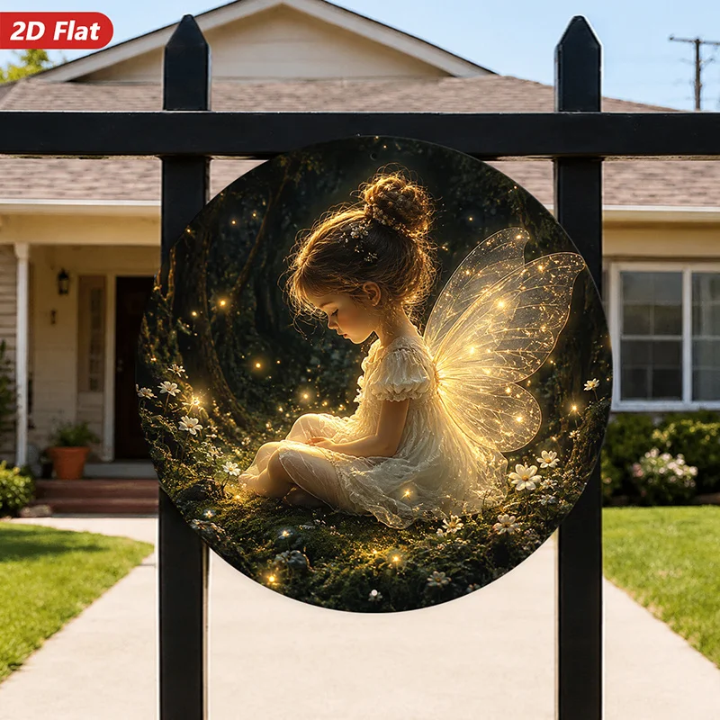 2D Flat, 1pc Woodland Fairy Glow Round Metal Sign Wall Art, Little Fairy Figure, Glowing Delicate Wings, White Floral Dress, Sui