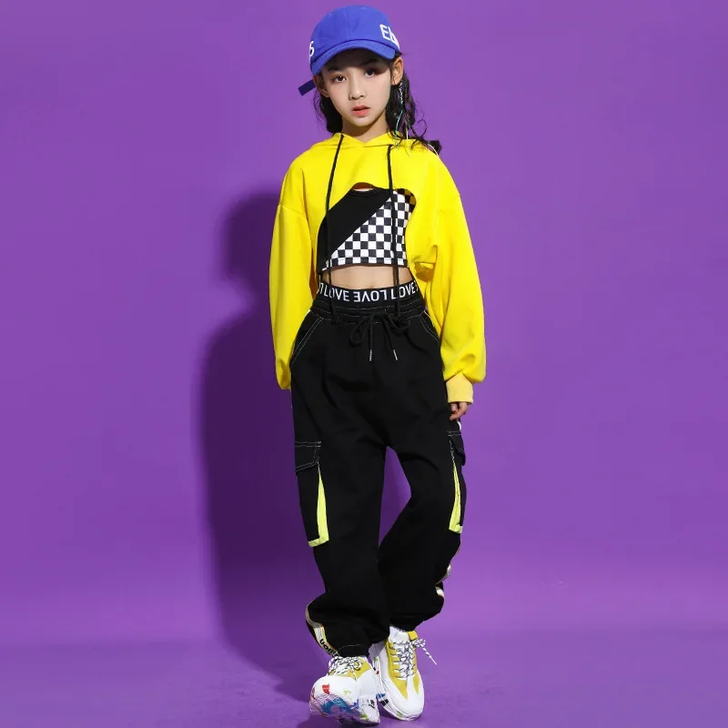 Pantalon cargo jaune et noir pour filles, vêtements hip hop, tenue de performance de danse moderne, costume de danse jazz pour enfants, Rave Kpop