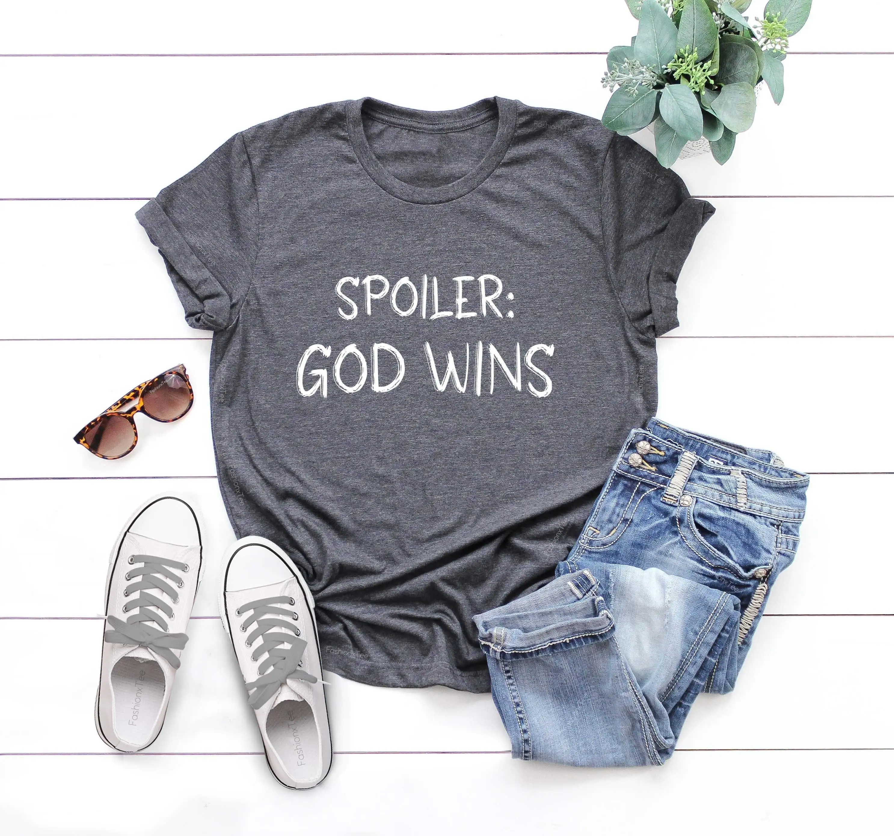 Funny Christian T Shirt Spoiler God Wins Church Prayer Christmas For Her Jesus Love