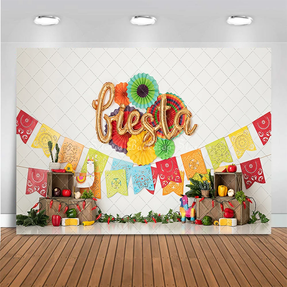 Mexican Carnival Fiesta Background Children Birthday Cake Smash Photography Backdrop Colorful Flag Cactus Photo Studio Props