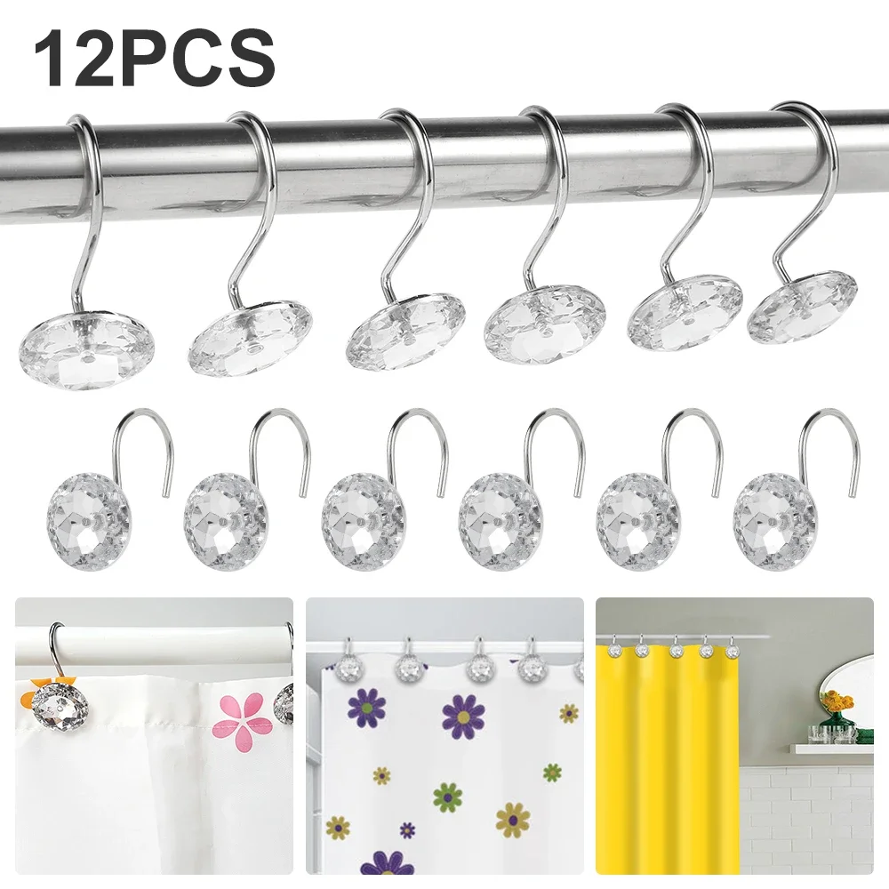 12Pcs Shower Curtain Hooks Rustproof Acrylic Crystal Round Diamond Decorative Rings for Curtain Rods Shower Rods NEW