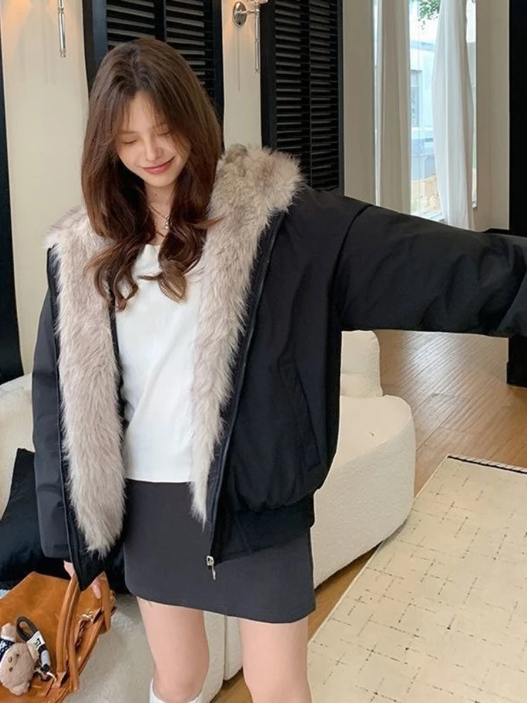 Parka Wanita Bergaya Retro Amerika Lengan Panjang Berkerudung dengan Telinga Kucing, Sweatshirt Manis Vintage Kerah Bulu Imitasi Warna Solid Musim Gugur 2025