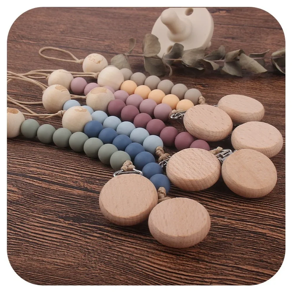 12MM Baby Silicone Pacifier Clips Chain Three Hole Beech Wood Pacifier Holder Nipple Eco-friendly Pacifier Clips Holder Chain