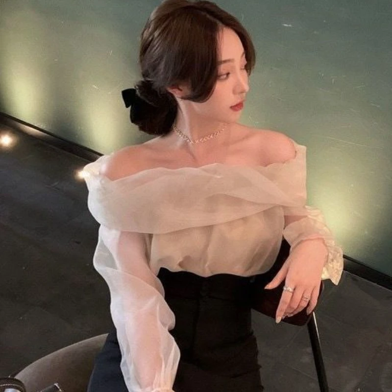 Slash Neck Blouses Women Patchwork Tender Chic Pure Casual Spring Elegant Flare Sleeve Simple Slim Korean Style All-match Ins
